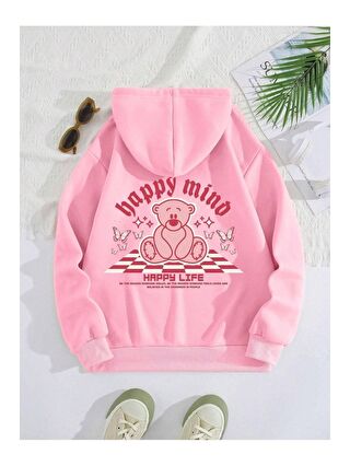 Trendseninle Kadın Pembe Happy Mind Happy Life Baskılı Kapüşonlu Sweatshirt