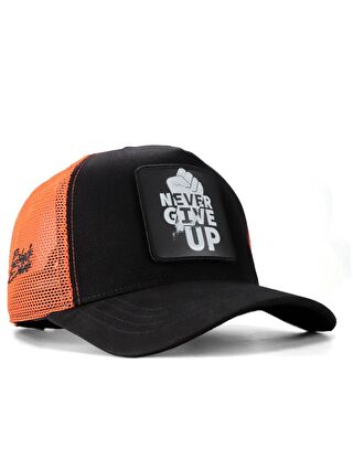 BlackBörk V1 Trucker Never Give Up - 3 Kod Logolu Unisex Siyah-Turuncu Şapka (Cap)