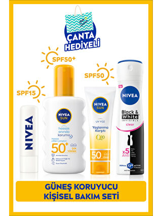 NIVEA SUN Güneş Koruyucu Sprey 200ml, Q10 Yüz Kremi 50ml, Dudak Bakım Kremi, Deodorant 150ml, Çanta