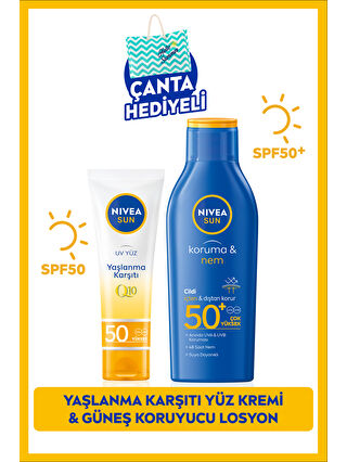 NIVEA SUN Güneş Koruyucu Vücut Losyonu 200ml ve Q10 Yaşlanma Karşıtı Yüz Kremi 50ml, SPF50, Çanta