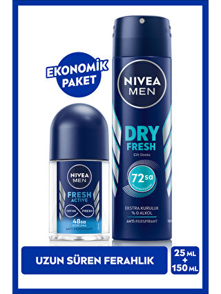 NIVEA MEN Erkek Sprey Deodorant Dry Fresh 150ml ve Mini Roll-on Fresh Active 25ml Set, Ter Karşıtı Koruma