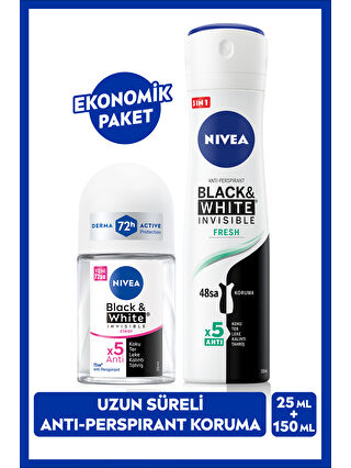 NIVEA Kadın Sprey Deodorant Black&White Fresh 150ml ve Mini Roll-on Black&White 25ml, Koyu Leke Karşıtı