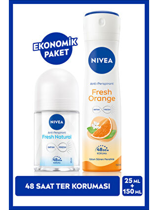 NIVEA Kadın Sprey Deodorant Fresh Orange 150ml ve Mini Roll-on Fresh Natural 25ml, 48 Saat Koruma