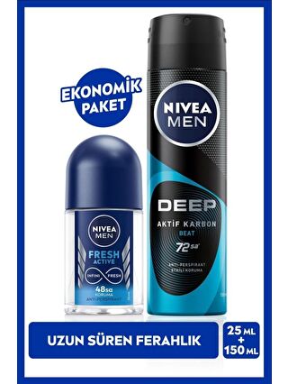 NIVEA MEN Erkek Sprey Deodorant Deep Aktif Karbon 150ml ve Fresh Active Mini Roll-on 25ml