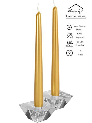 MaisonArt Sarı Şamdan Mumu | 2 Adet | Parlak Metalik Gold Renk Konik Şamdan Mumu