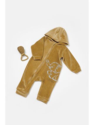 BabyCosy Organic Wear Sarı Kadife Kapüşonlu Fermuarlı Tulum