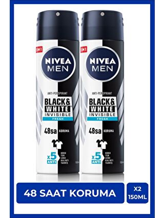 NIVEA Black & White Invisible Fresh Erkek Sprey Deodorant 150 ml x2Adet, 48 Saat Koruma