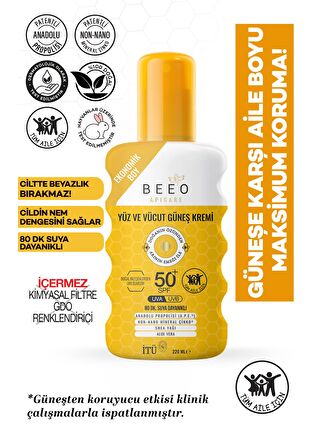 bee'o propolis Propolisli Yüz ve Vücut Güneş Kremi SPF 50+ 220 ml