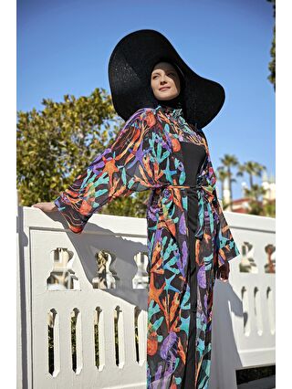 Remsa Mayo Siyah Tesettür Mayo Üzerine Tek Kaftan Kimono Pareo