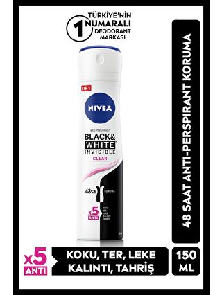 NIVEA Kadın Sprey Deodorant Black&White Invisible Clear 150 ml, 48 Saat Anti-Perspirant Koruma