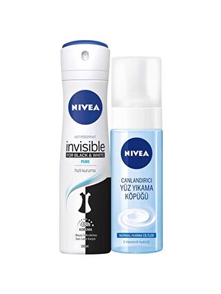 NIVEA Kadın Sprey Deodorant Black&White Invisible Pure 150 ml+Yüz Yıkama Köpüğü Normal/Ciltler 150 ml