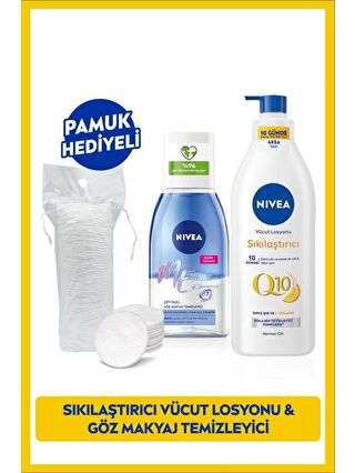 NIVEA Çift Fazlı Göz Makyaj Temizleme Suyu 125ml ve Q10 Sıkılaştırıcı Vücut Losyonu 400ml, Pamuk Hediye