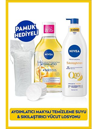 NIVEA Aydınlatıcı Micellar Makyaj Temizleme Suyu 400ml ve Q10 Sıkılaştırıcı Vücut Losyonu, Pamuk Hediyeli