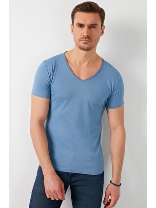 Buratti İndigo % 100 Pamuk Slim Fit V Yaka Basic T Shirt 5412001