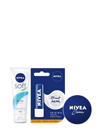 NIVEA Soft Krem 75 ml + Dudak Kremi Original 4, 8Gr + Creme 75 ml