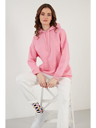 Lela Pembe Regular Fit Pamuklu Kapüşonlu Yaka Şardonlu Kışlık Sweat 5863854