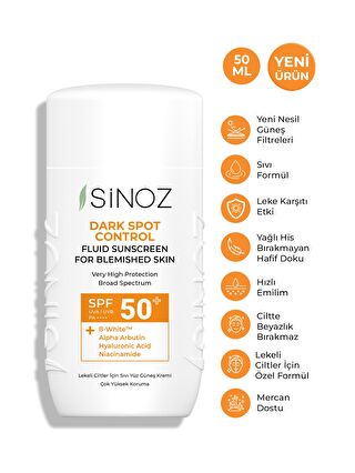 Sinoz Spf50 Koyu Cilt Lekelerine Etkili Sıvı Yüz Güneş Kremi-Yeni Nesil Güneş Filtreleri Hibrit Formül