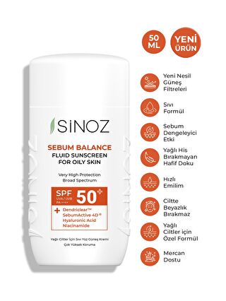 Sinoz SPF 50+ Yağlı Ciltlere Özel Sıvı Güneş Kremi - Yeni Nesil Güneş Filtreleri İle Hibrit Formül 50 ml