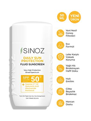 Sinoz Spf50 Günlük Kullanım Sıvı Yüz Güneş Kremi - Yeni Nesil Güneş Filtreleri Ile Hibrit Formül 50 Ml