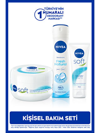 NIVEA Kadın Sprey Deodorant Fresh Natural 150ml, Nemlendirici Soft El Bakım Kremi 75ml, Vücut Kremi