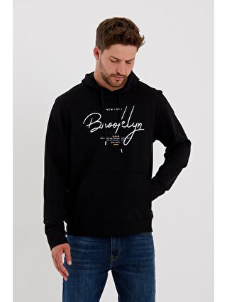 Süperlife Siyah Erkek Kapüşonlu Oversize Fit Brooklyn Baskılı İnce Sweatshirt SPR23SW361