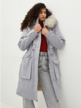 V12 WAKE PARKA メンズ プルオーバー グレー LCW Vision Kürk Detaylı Kapüşonlu Düz Uzun Kollu Pelüş Astarlı