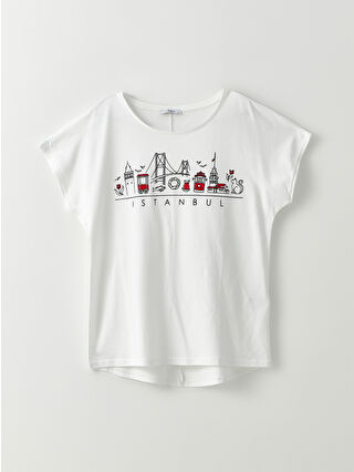 ⭐️Nです LCW ECO Bisiklet Yaka Yazı Baskılı Kısa Kollu Pamuklu Kadın Tişört