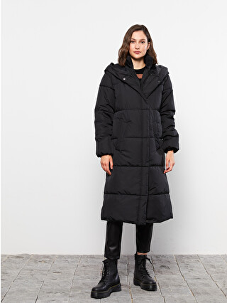 LCW Vision Hooded Plain Long Sleeve Women's Down Jacket And Gloves