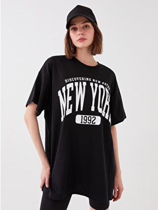 *＊Sizuku@＊* XSIDE Tricou Supradimensionat cu Mânecă Scurtă și Imprimeu, Guler