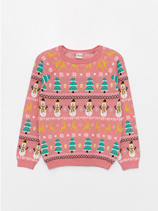 LCW ECO Pembe Bisiklet Yaka Yılbaşı Temalı Uzun Kollu Kız Çocuk