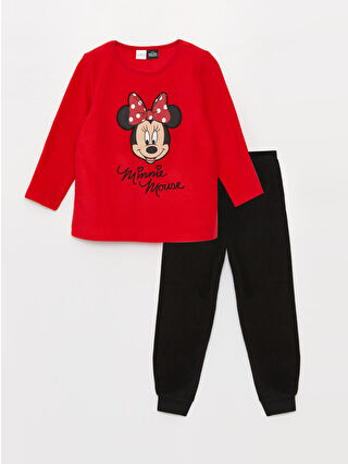 LC Waikiki Kırmızı Bisiklet Yaka Minnie Mouse Baskılı Uzun Kollu Kız Çocuk Polar Pijama Takımı