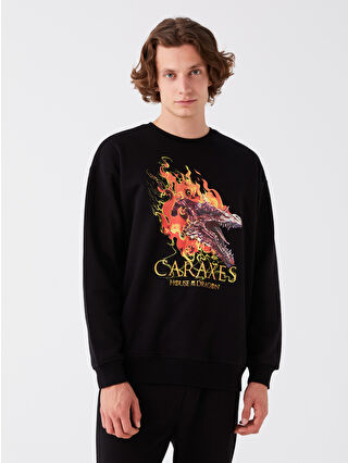 LC Waikiki Siyah Bisiklet Yaka Uzun Kollu Game of Thrones Baskılı Erkek Kalın Sweatshirt