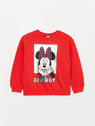 LC Waikiki Kırmızı Bisiklet Yaka Minnie Mouse Baskılı Uzun Kollu Kız Çocuk Sweatshirt