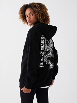 XSIDE Siyah Baskılı Oversize Kadın Kalın Hoodie