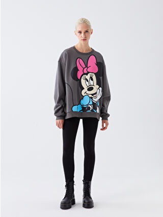 mi チャコールグレーXS XSIDE Bisiklet Yaka Minnie Mouse Baskılı Oversize Kadın Kalın