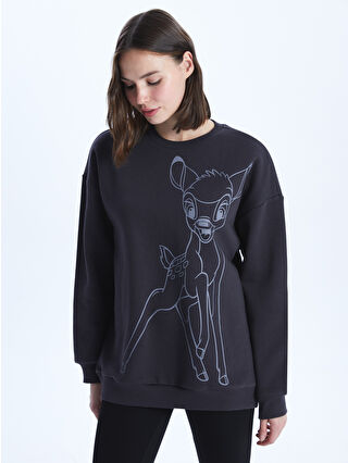 LCW Vision Bisiklet Yaka Bambi Baskılı Oversize Kadın Kalın