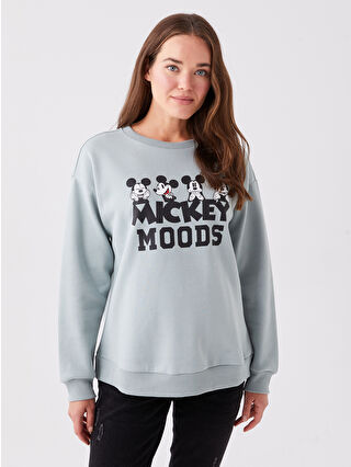 LCW Yeşil Bisiklet Yaka Mickey Mouse Baskılı Uzun Kollu Hamile Sweatshirt