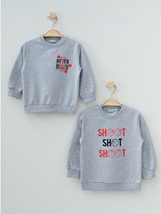 MYHANNE Gri Bisiklet Yaka Uzun Kollu Baskılı Erkek Bebek Sweatshirt 2'li