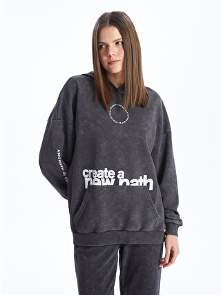 LCW SPORT Antrasit Baskılı Uzun Kollu Oversize Kadın Hoodie