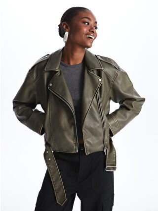 LCW Vision Gri Kadın Biker Yaka Düz Deri Görünümlü Mont - S44665Z8
