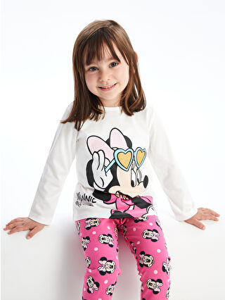 LC Waikiki Ekru Bisiklet Yaka Minnie Mouse Baskılı Kız Bebek Pijama Takımı