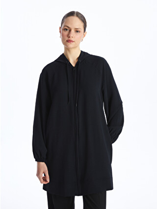 LCW Modest Siyah Kapüşonlu Düz Uzun Kollu Oversize Kadın Tunik