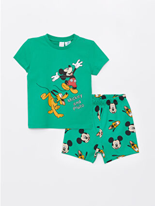 LC Waikiki Yeşil Bisiklet Yaka Kısa Kollu Mickey Mouse Baskılı Erkek Bebek Şortlu Pijama Takımı