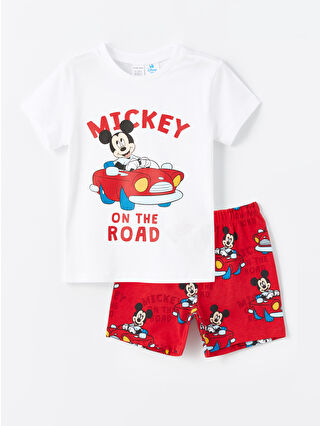 LC Waikiki Beyaz Bisiklet Yaka Kısa Kollu Mickey Mouse Baskılı Erkek Bebek Şortlu Pijama Takımı