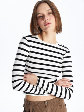 XSIDE Striped Long Sleeve Crop Women's Ribbed T-shirt - S4HN14Z8