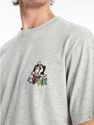 XSIDE Gri Bisiklet Yaka Kısa Kollu Nostaljik Maymun Baskılı Penye