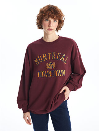 LC Waikiki Bordo Bisiklet Yaka Nakışlı Uzun Kollu Kadın Sweatshirt