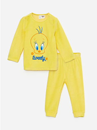 LC Waikiki Sarı Kadife Tweety Baskılı Kız Bebek Pijama Takımı