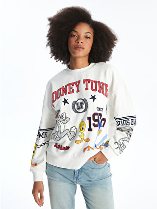 XSIDE Ekru Bisiklet Yaka Bugs Bunny Baskılı Oversize Kadın Kalın Sweatshirt