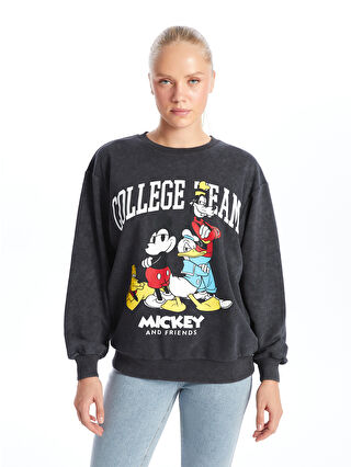 XSIDE Antrasit Bisiklet Yaka Mickey ve Arkadaşları Baskılı Oversize Kadın Sweatshirt